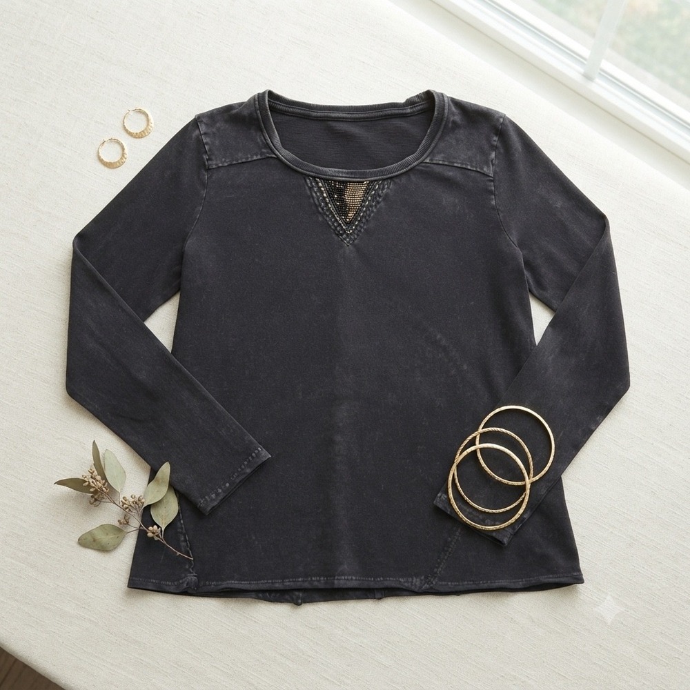 Spense Knits Top Womens Small Black Mineral Wash Beaded Boho Long Sleeve Shirt